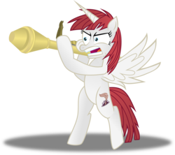 Size: 6966x6196 | Tagged: safe, artist:medio-cre, oc, oc only, oc:fausticorn, pony, absurd resolution, angry, bipedal, lauren faust, panzerfaust, pun, recoilless rifle, solo, upset, weapon