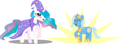 Size: 1494x534 | Tagged: safe, artist:medio-cre, princess celestia, trixie, alicorn, pony, unicorn, g4, ^^, accessory swap, cape, clothes, duo, duo female, eyes closed, female, hat, horn, jewelry, mare, raised hoof, regalia, simple background, transparent background, trixie's cape, trixie's hat