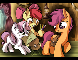 Size: 948x733 | Tagged: safe, artist:sherarina, apple bloom, scootaloo, sweetie belle, earth pony, pegasus, pony, unicorn, g4, cutie mark crusaders, mouth hold, paper, pencil, saddle bag, school