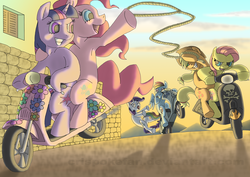 Size: 3508x2480 | Tagged: safe, artist:crispokefan, applejack, fluttershy, pinkie pie, rainbow dash, rarity, twilight sparkle, g4, lasso, mane six, race, riding, rope, scooter