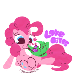 Size: 3000x3000 | Tagged: safe, artist:figgs, gummy, pinkie pie, g4, biting, cute, duo, heart, high res, simple background, transparent background