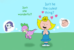 Size: 1024x683 | Tagged: safe, artist:allonsbro, rarity, spike, g4, crossover, linus van pelt, peanuts, sally brown