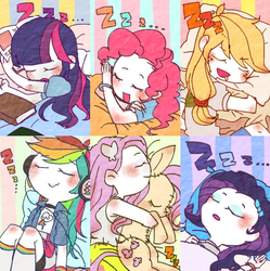 Size: 636x638 | Tagged: safe, artist:chi-hayu, applejack, fluttershy, pinkie pie, rainbow dash, rarity, twilight sparkle, pony, equestria girls, g4, blushing, book, chibi, clothes, cute, eyes closed, female, freckles, humanized, mane six, open mouth, pillow, pixiv, plushie, sleeping, zzz
