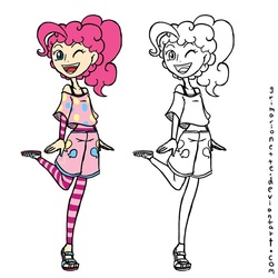 Size: 600x600 | Tagged: safe, artist:grimarionette, pinkie pie, human, g4, clothes, female, humanized, leggings, off shoulder, sandals, solo