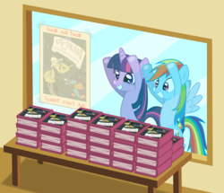 Size: 6000x5169 | Tagged: safe, artist:masem, ahuizotl, daring do, rainbow dash, twilight sparkle, g4, absurd resolution, against glass, book, duo, store, vector, window