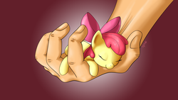 Size: 1920x1080 | Tagged: safe, artist:shoroch, apple bloom, human, g4, adorabloom, cute, hand, in goliath's palm, micro, sleeping, tiny, tiny ponies