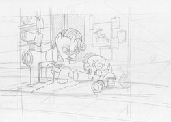 Size: 1123x800 | Tagged: safe, artist:10307, rarity, sweetie belle, g4, glasses, grayscale, monochrome, pixiv, sewing, sewing machine, sketch, traditional art, working