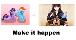 Size: 1292x676 | Tagged: safe, rainbow dash, twilight sparkle, g4, dog and scissors, exploitable meme, female, harumi kazuhito, inu to hasami wa tsukaiyou, lesbian, make it happen, meme, natsuno kirihime, scissors, ship:twidash, shipping