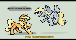 Size: 2000x1066 | Tagged: safe, artist:sevoohypred, applejack, derpy hooves, pegasus, pony, g4, duo, female, french, mare
