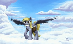 Size: 1800x1092 | Tagged: safe, artist:zevironmoniroth, derpy hooves, pegasus, pony, g4, cloud, cloudy, female, letter, mail, mailbag, mare, mouth hold, solo
