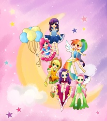 Size: 950x1073 | Tagged: safe, artist:allwellll, applejack, fluttershy, pinkie pie, rainbow dash, rarity, twilight sparkle, human, g4, clothes, crescent moon, dress, gala dress, humanized, mane six, tangible heavenly object