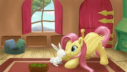 Size: 1500x844 | Tagged: safe, artist:zevironmoniroth, angel bunny, fluttershy, pegasus, pony, g4, cute, house, nuzzling, salad