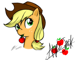 Size: 1000x800 | Tagged: safe, artist:fullmetalpikmin, applejack, g4, apple, female, looking up, mouth hold, obligatory apple, portrait, simple background, solo