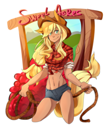 Size: 826x966 | Tagged: dead source, safe, artist:tomoe-chi, applejack, human, g4, clothes, eared humanization, female, freckles, humanized, lasso, midriff, simple background, solo, tailed humanization, transparent background