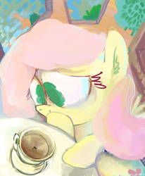 Size: 700x850 | Tagged: safe, artist:doctorpepperphd, fluttershy, fly, pegasus, pony, g4, cup, drink, female, solo, tea