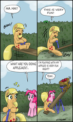 Size: 1852x3080 | Tagged: safe, artist:ciriliko, applejack, pinkie pie, pony, g4, :3, apple, comic, creeper, seesaw, silly, silly pony, that pony sure does love apples, who's a silly pony, zas