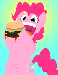 Size: 821x1065 | Tagged: safe, artist:mac-smith, artist:titi, pinkie pie, earth pony, pony, g4, belly button, bipedal, cheeseburger, colored, eating, female, hoof hold, meat, open mouth, ponies eating meat, smiling, solo