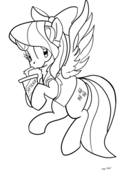 Size: 1000x1414 | Tagged: safe, artist:nasse, flitter, g4, backwards cutie mark, drink, female, monochrome, soda, solo, straw, wonderbolt trainee uniform