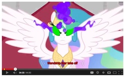 Size: 654x409 | Tagged: safe, screencap, princess celestia, g4, the crystal empire, dark magic, female, magic, meme, princess, solo, sombra eyes, youtube, youtube caption