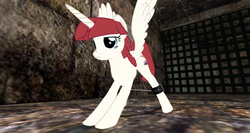 Size: 1920x1021 | Tagged: artist needed, source needed, safe, oc, oc only, oc:fausticorn, alicorn, pony, 3d, alicorn oc, bondage, dungeon, faustabuse, female, frown, horn, lauren faust, mare, second life, solo, spread wings, spreader bar, wings