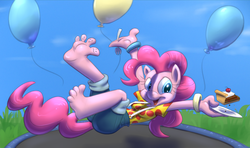 Size: 1280x759 | Tagged: safe, artist:draneas, artist:kuroi-wolf, pinkie pie, earth pony, anthro, plantigrade anthro, g4, balloon, barefoot, bouncing, cake, colored, feet, female, fork, jumping, open mouth, plate, smiling, solo, trampoline