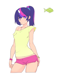 Size: 578x738 | Tagged: safe, artist:doxy, twilight sparkle, fish, human, g4, alternate hairstyle, bracelet, butt touch, clothes, eyebrows, eyebrows visible through hair, female, gym shorts, hand on butt, horn, horned humanization, human coloration, humanized, jewelry, light skin, looking at you, multicolored hair, off shoulder, purple eyes, shorts, side slit, simple background, solo, tomboy, white background, wristband