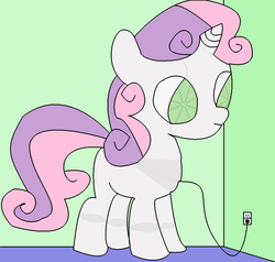 Size: 915x872 | Tagged: safe, artist:youwillneverkno, sweetie belle, pony, robot, unicorn, g4, charging, female, filly, foal, hooves, horn, plug, solo, sweetie bot, us plug