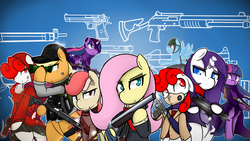 Size: 1191x670 | Tagged: safe, artist:ppdraw, applejack, fluttershy, rainbow dash, rarity, twilight sparkle, oc, pony, g4, benelli m4, bipedal, desert eagle, glock, gun, lever action rifle, ump45