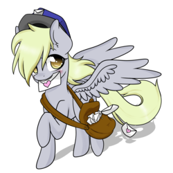 Size: 2300x2300 | Tagged: safe, artist:derpiliciouspony, derpy hooves, pegasus, pony, g4, bag, blushing, female, hat, letter, mail, mailbag, mailmare, mailpony, mare, mouth hold, simple background, solo