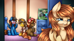 Size: 1920x1080 | Tagged: safe, artist:mixipony, button mash, oc, oc:cream heart, oc:poni1kenobi, unnamed oc, earth pony, pegasus, pony, g4, blushing, button's mom has got it going on, clothes, coat, colt, controller, door, female, hat, male, mare, milf, minecraft, necktie, television, video game, wallpaper, wingboner