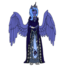 Size: 792x900 | Tagged: safe, artist:breadworth, princess luna, anthro, g4, clothes, dress, female, s1 luna, simple background, solo, spread wings