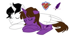 Size: 960x487 | Tagged: safe, artist:gothtigressa, artist:takeo, artist:violetfeatheroficial, oc, oc only, oc:crimson guard, oc:violet feather, alicorn, pony, unicorn, alicorn oc, sleeping