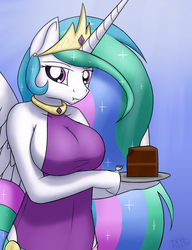 Size: 900x1170 | Tagged: safe, artist:devs-iratvs, princess celestia, anthro, g4, breasts, busty princess celestia, cake, cakelestia, female, hoofbeat, plate, solo