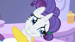 Size: 640x360 | Tagged: safe, screencap, rarity, g4, alternate hairstyle, female, reaction image, smiling, solo