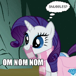 Size: 700x700 | Tagged: safe, edit, edited screencap, screencap, rarity, pony, unicorn, dragonshy, g4, animated, clothes, cropped, cute, eating, female, hnnng, image macro, imma snuggle you, mare, nom, rarara, raribetes, saddle bag, scarf, silly, silly pony, snuggles?, solo, thought bubble