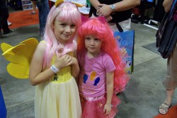 Size: 3648x2432 | Tagged: safe, fluttershy, pinkie pie, rainbow dash, rarity, human, g4, bag, child, convention, cosplay, fan expo, fanexpo, irl, irl human, photo