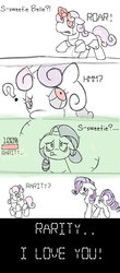 Size: 1024x2324 | Tagged: safe, artist:cmaynes47, rarity, sweetie belle, pony, robot, unicorn, friendship is witchcraft, g4, blank flank, comic, crying, cutie mark, female, filly, floppy ears, foal, hooves, horn, mare, red eyes, simple background, sisters, sweetie bot, teeth, text, white background