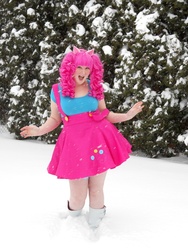 Size: 1000x1333 | Tagged: safe, artist:eli-cosplay, pinkie pie, human, g4, cosplay, irl, irl human, photo, snow, snowfall, solo, suspenders