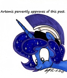 Size: 744x864 | Tagged: safe, artist:newyorkx3, princess luna, g4, helmet, prince artemis, rule 63, solo, traditional art