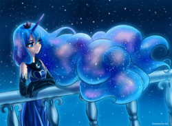 Size: 1200x876 | Tagged: safe, artist:racoonsan, princess luna, human, g4, :o, balcony, clothes, dress, ethereal mane, evening gloves, eyeshadow, female, galaxy mane, horn, horned humanization, humanized, leaning, lidded eyes, long hair, long mane, makeup, night, open mouth, sky, solo, starry mane, stars, windswept mane