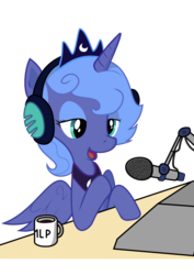 Size: 744x1052 | Tagged: safe, artist:swiftcutter, princess luna, alicorn, pony, g4, cup, drink, female, headphones, microphone, s1 luna, solo
