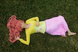 Size: 5184x3456 | Tagged: safe, artist:melodious-angel, fluttershy, human, g4, clothes, cosplay, feet, irl, irl human, lying down, photo, skirt, solo