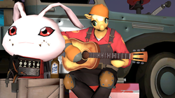 Size: 1024x576 | Tagged: dead source, safe, artist:metrogamerx, applejack, earth pony, anthro, unguligrade anthro, g4, 3d, crossover, digimon, engineer, engineer (tf2), guitar, koromon, source filmmaker, team fortress 2