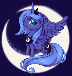 Size: 675x720 | Tagged: safe, artist:ambunny, princess luna, alicorn, pony, g4, crescent moon, female, looking at you, moon, s1 luna, smiling, solo, spread wings, tangible heavenly object