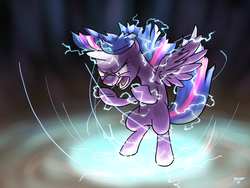 Size: 1024x768 | Tagged: safe, artist:topgull, twilight sparkle, alicorn, pony, g4, action pose, angry, dragon ball, dragon ball z, electricity, female, glowing, hilarious in hindsight, mare, parody, solo, son twilight, super saiyan princess, twilight sparkle (alicorn)