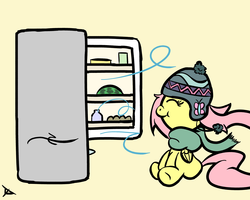 Size: 2500x2000 | Tagged: safe, artist:doggonepony, fluttershy, g4, clothes, cute, female, hat, refrigerator, scarf, solo