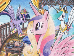 Size: 2960x2257 | Tagged: safe, artist:lumdrop, princess cadance, princess celestia, twilight sparkle, alicorn, pony, g4, croissant, element of magic, female, food, mare, saddle, traditional art, twilight sparkle (alicorn)