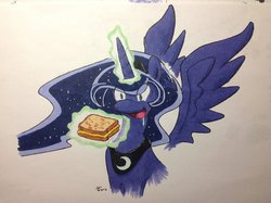 Size: 1024x765 | Tagged: safe, artist:maikeruto, princess luna, alicorn, pony, g4, crown, drool, ethereal mane, eyes on the prize, female, floating wings, food, glorious grilled cheese, glowing, glowing horn, grilled cheese, horn, imminent nom, jewelry, magic, magic aura, mare, peytral, regalia, sandwich, smiling, solo, spread wings, starry mane, telekinesis, traditional art, wide eyes, wings