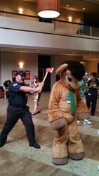 Size: 600x1066 | Tagged: safe, doctor whooves, time turner, human, g4, axe, axe cop, clothes, convention, cosplay, costume, crossover, dragon con, fun, fursuit, imminent beheading, irl, irl human, photo