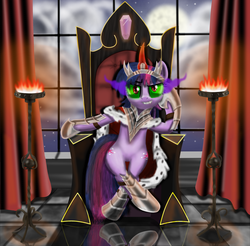 Size: 3295x3246 | Tagged: safe, artist:evil-dec0y, twilight sparkle, pony, unicorn, g4, armor, bevor, boots, brazier, chair, cloak, clothes, colored horn, corrupted, corrupted twilight sparkle, crown, curved horn, fangs, female, grin, horn, jewelry, looking at you, mare, regalia, shoes, sitting, smiling, solo, sombra eyes, sombra horn, sombra's robe, throne, throne slouch, tiara, tyrant sparkle, window